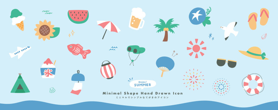 日本の夏のイラスト_和風の手書きフラットイラスト・海、祭り、花火、夏休みアイコン
