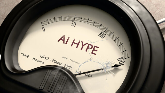 Ai hype meter showing high levels of ai hype. Dangerously increasing values of ai hype, critical overload. Too much, off the charts. Max ai hype ,3d illustration