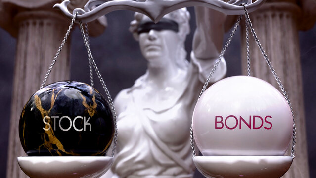 Stock or Bonds as a choice, two options to choose from. Greek statue presenting two alternatives: stock or bonds, weighing their values. Looking at pros and cons. ,3d illustration