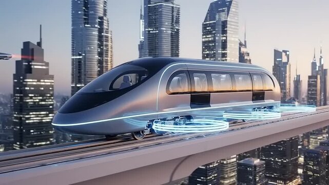 Futuristic Maglev Train Gliding Through a Modern Cityscape at Sunset.
