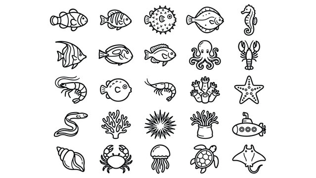 Set of marine life and ocean creature icons including fish coral shellfish and sea plants.