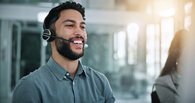 Call center, computer and laugh with business man in office for contact us, troubleshooting or help desk, Customer support, coworking and tech hotline with person in agency for consulting or feedback