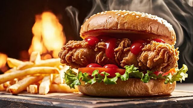Crispy fried chicken burger with ketchup and fries served on a wooden board against a background of intense fire and smoke