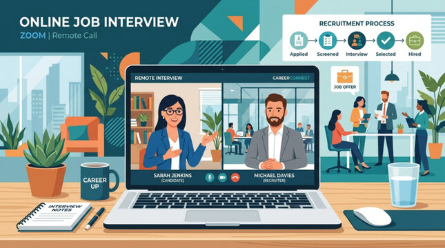 Young professionals conducting online job interview via video call on laptop in modern office