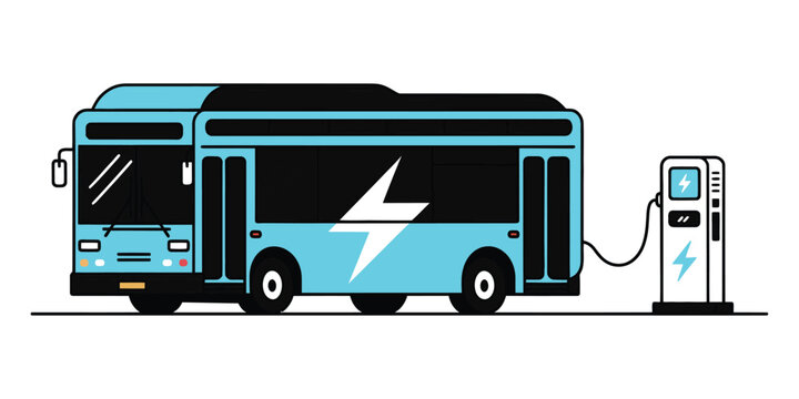 E bus connected to charging station public EV infrastructure vector design