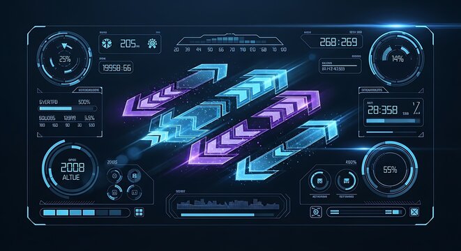 Futuristic digital dashboard with glowing blue and purple arrows