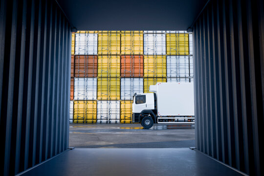 3D yellow container corridor with freight truck access