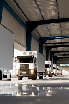 3D truck fleet interior with reflective logistics floor