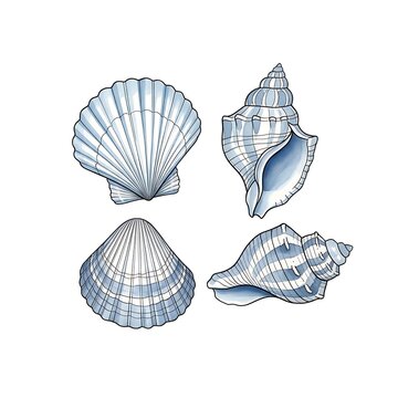 Four blue and white seashells illustrated on a white background