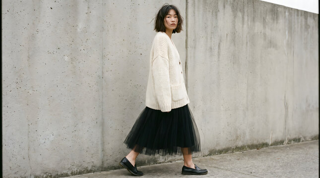 Side profile view of a single young Asian female model walking alone against a raw concrete wall background wearing an oversized cream colored knit jacket and a long black tulle ballet skirt