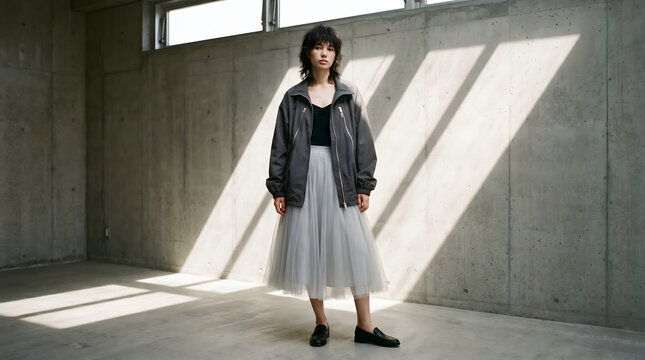 Full length fashion editorial of a single female model standing alone in a minimalist concrete architectural space wearing an oversized charcoal grey windbreaker jacket paired with a light grey tulle 
