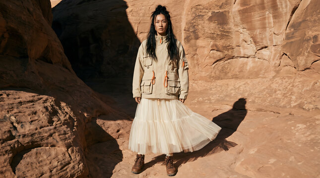 Full length fashion portrait of a single young Asian female model standing alone in a desert canyon canyon wearing an oversized beige technical utility jacket with straps and a long flowing cream tull