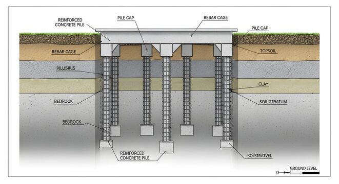 Detailed cross-section diagram illustrating a reinforced concrete pile foundation system with a pile cap, showing piles extending through various soil layers to bedrock.
