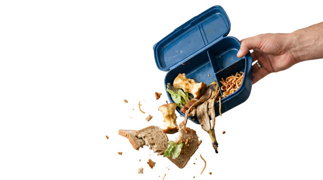 Hand Emptying Leftover Food Waste from Lunchbox on Transparent Background 