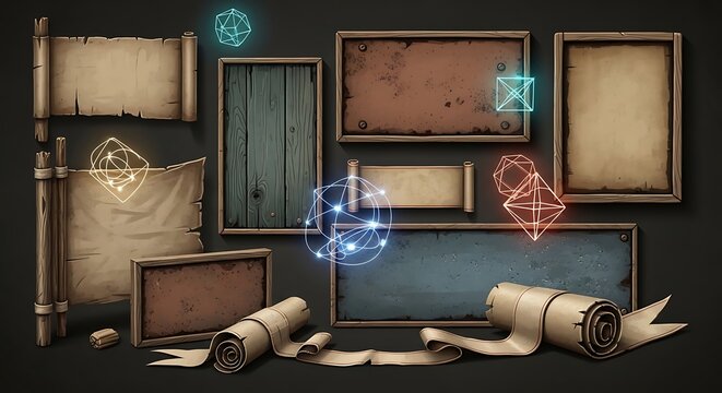 Fantasy rpg game interface elements with scrolls and wooden frames