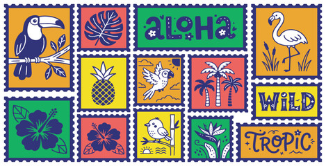 Collection of colorful tropical postage stamps featuring exotic birds, fruits, and flowers with Hawaiian words. © Riki