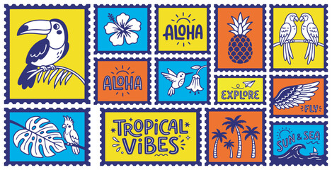 Collection of colorful postage stamps featuring tropical elements like toucans, parrots, hummingbirds, pineapples, hibiscus flowers, palm trees, and inspirational phrases. © Riki