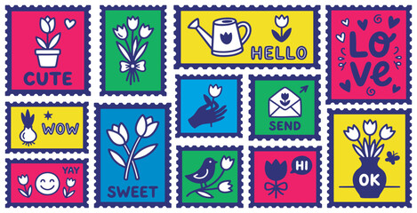 Collection of cute and colorful postage stamps with floral and greeting motifs. © Riki