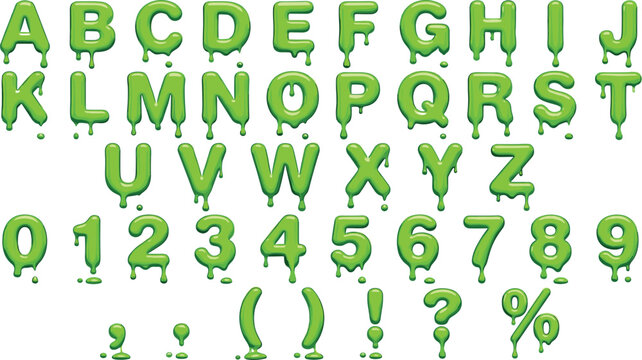 Green Slime Alphabet and Numbers Set with Melting Liquid Letters Punctuation Marks for Halloween Posters Horror Graphic Designs and Kids Game Interfaces