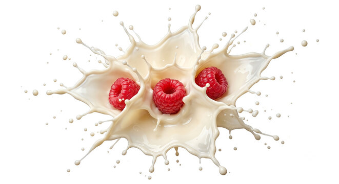 Dynamic thick condensed milk swirl splash with fresh red raspberries