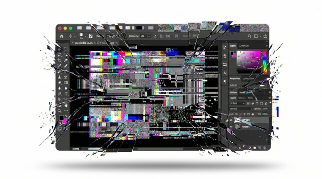 Glitchy computer screen, distorted digital display, shattered screen effect, futuristic tech background, error message
