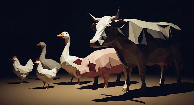 Low poly farm animals group standing in spotlight