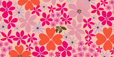 Fototapeta premiumSeamless floral pattern with pink blossom flowers and green leaves vector illustration for spring wallpaper textile fabric and vintage nature decor background