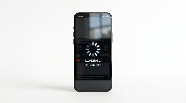 Loading animation on smartphone screen, mobile phone loading icon, black smartphone with white loading symbol, technology concept