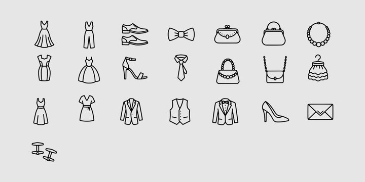 Icon set collection of formal clothing, fashion accessories, wedding attire, and luxury apparel symbols for elegant events and boutique styling.