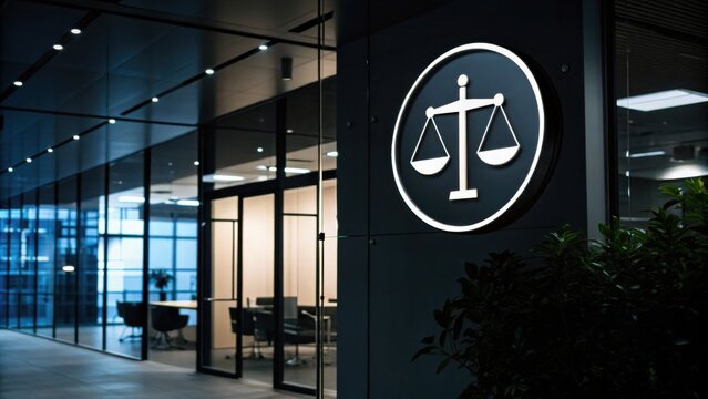 Modern office building with glass walls showcasing a legal scales symbol, indicating a law firm or legal services environment.