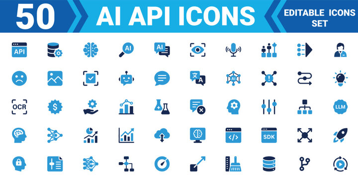 Ai api icon set 50 editable vector illustrations for artificial intelligence and application programming interfaces