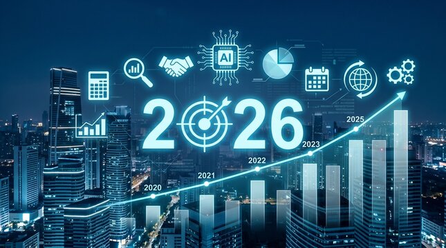 Bar graphs, charts, and number 2026 with AI and data analysis icons symbolizing future business innovation and analytics Parse
