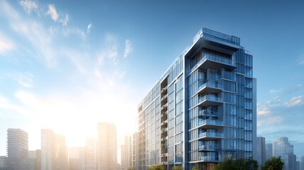 Fototapeta premium Modern Blue Glass Condominium Building in Sunny Day, Contemporary Urban Residential Real Estate Photography