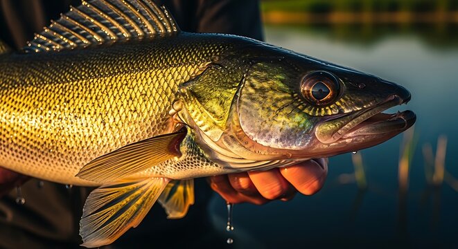 Fisherman holding a freshly caught golden walleye at sunset