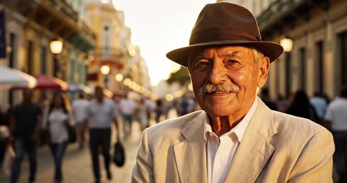Smiling senior man in hat outdoors.