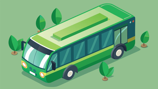 Green eco bus driving through leafy park with natural sunlight and conceptual clean transport