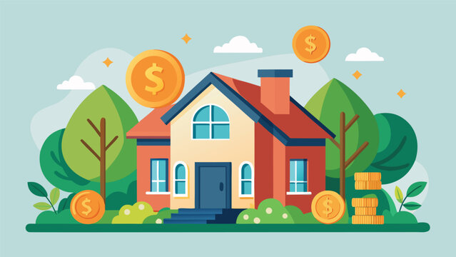 House with coins in front during sunny day with trees and sky concept of wealth investment