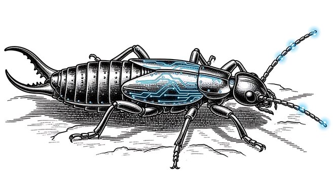 Bionic earwig insect with glowing blue digital circuit patterns