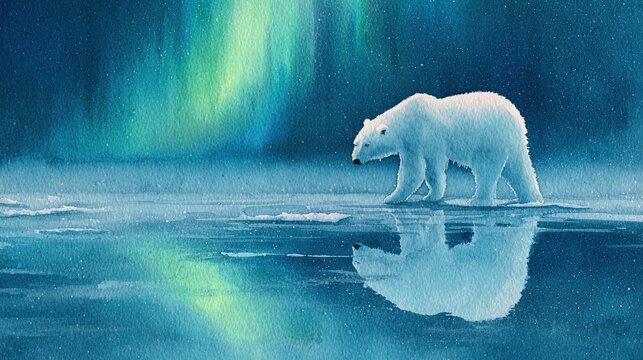 A polar bear walks on icy terrain under the glowing northern lights, its reflection shimmering in the cold, clear water.