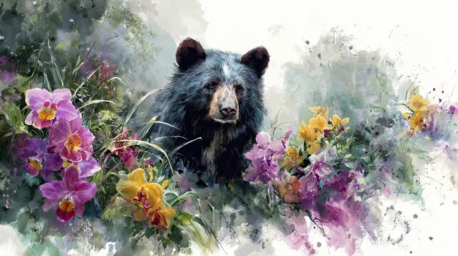 A black bear peeks through vibrant, colorful flowers in a lush, misty natural setting, blending wildlife with floral beauty.