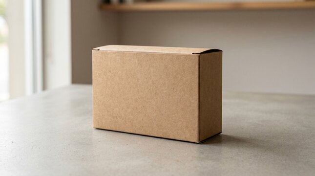 Brown cardboard box on a gray table indoors with natural light