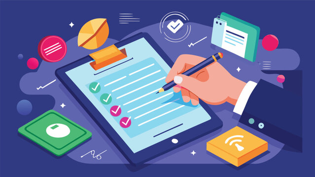 Hand completing checklist on tablet with digital icons during presentation with flat design style