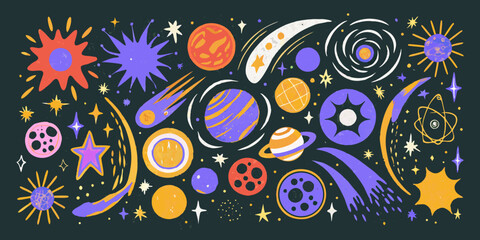Cosmic Scene With Planets Stars And Comets Vector Illustration © AnupKumar