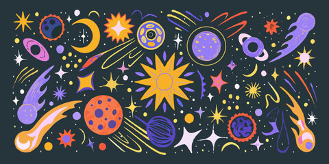 Cosmic scene with planets stars and comets vector illustration © AnupKumar