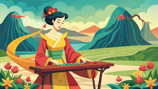 Asian woman playing traditional zither outdoors with mountains and flowers during daytime stylized illustration