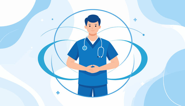 Male Nurse Wearing Scrubs and Stethoscope in Medical Setting.