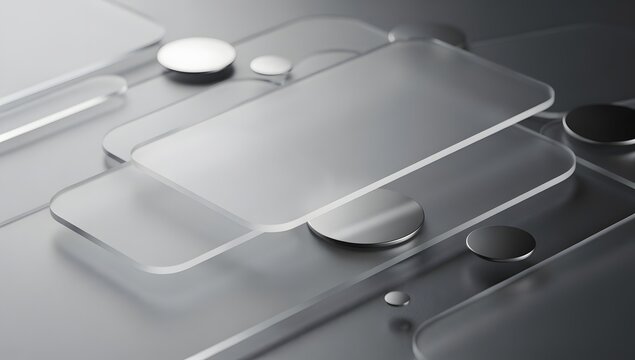 Abstract glass morphism composition with translucent grey shapes