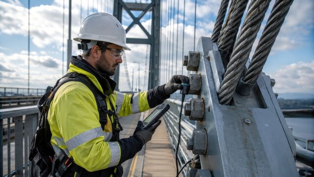 Worker inspects bridge cables while using tools on a sunny day with cloudy skies in the background