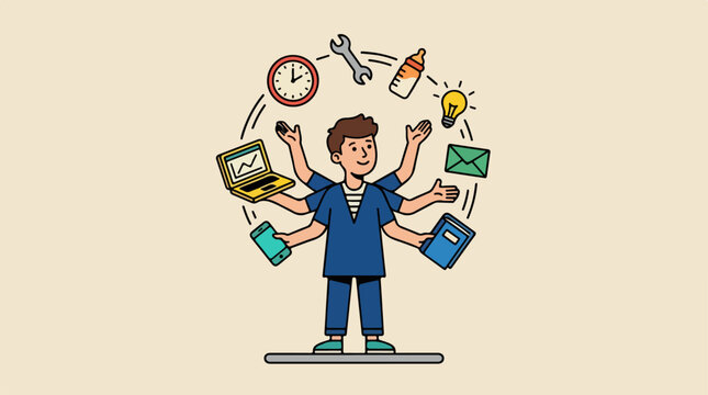 Multitasking businessman with many objects.