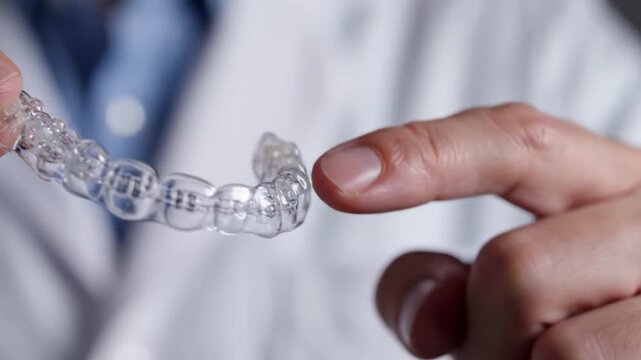 Dentist in lab coat holding clear plastic orthodontic aligner for teeth straightening treatment in dental clinic